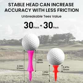 FINGER TEN Golf Tees Plastic 2 1/4'' 30pcs with More Short Tees 1 1/4'' 30pcs Bright Colors Easy to Find,Step Down Golf Practice Tees Castle Stable Durable (2 1/4'' Pink& 1 1/4'' Red)