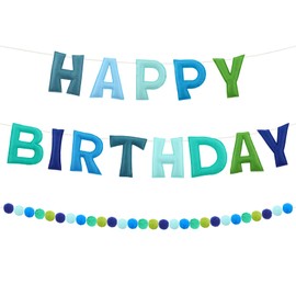 2 Pcs Pre-Strung Happy Birthday Banner and Felt Ball Garland,3D Reusable Felt Birthday Decorations,Ocean Blue Green Birthday Banner for Birthday Party Decor,Photo Backdrop,Celebration