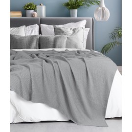 Tex Trend 100% Cotton Waffle Weave Blanket Queen Size for Bed, Lightweight Cotton Blanket - 90"x90" Soft Woven and Breathable Home Decor Blanket for Sofa, Bed, Chair - Light Grey
