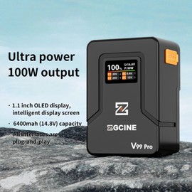 ZGCINE V Mount Battery V99 Pro, 99Wh with Max 100W Output/Input, 1.5H Full Charge(Requires PD100W Charger), with USB-C, D-TAP, Dual DC Ports, OLED Screen, for Camera, Camcorder, Monitor, Video Light