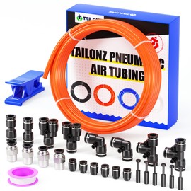 TAILONZ PNEUMATIC Orange 3/8 Inch OD 10 Meter 32.8ft PU Polyurethane Air Tubing Kit Pipe Hose Air Line Tubing Air Hose Fittings Push to Connect Fittings(27PCS)