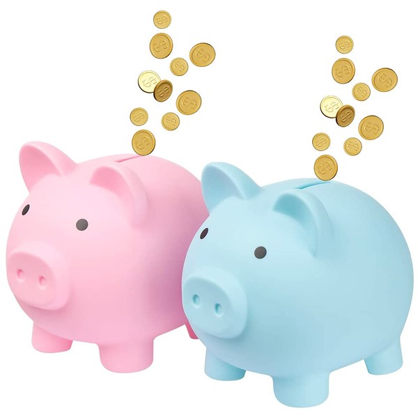 IWILCS 2pcs Plastic Unbreakable Pig Money Box Coin Bank, Cute Piggy Bank Plastic Saving Coin Box for Boys Girls Kids(Blue, Pink, M)