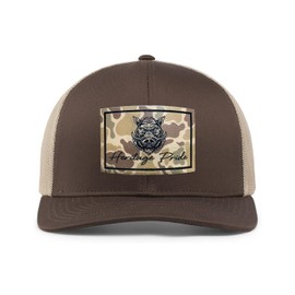 Heritage Pride Wild Boar Hog Pig Hunting Outdoors Engraved Camo Leather Patch Mesh Back Trucker Hat, Brown/Khaki