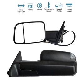 BOOLEE Passenger Right Side Towing Mirror Compatible with 2009-2018 Dodge Ram 1500 2500 3500 with Turn Signal Lamp Puddle Light Power Heated Pickup Truck Tow Mirror Black