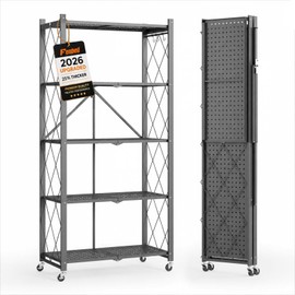 5-Tier Foldable Metal Storage Shelf with Wheels, 750 lb Capacity