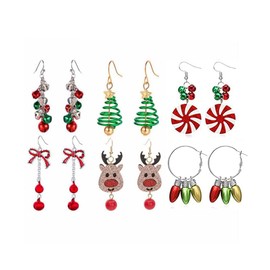 4/6Pairs Christmas Earring Dangle for Women Christmas Tree Bow Jingle Bell Deer Earrings Xmas Holiday Jewelry Gift (B:6 Pairs)