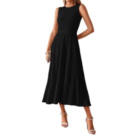 BTFBM Women's Midi Bodycon Tank Dress Summer Crewneck Rib Knit Sleeveless Pleated Swing A Line Business Casual Dresses(Black, Medium)