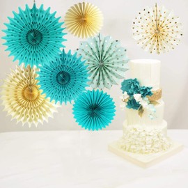 Teal Gold Birthday Party Decorations Women Cream Mint Gold Polka Dot Paper Fans for Teal Bridal Shower Decorations Teal Gold Wedding/Teal Gold First Birthday Decorations