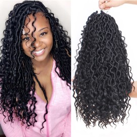 Xtrend 18 Inch 8 Packs River Faux Locs Crochet Hair 14 Strands/Pack Wavy with Curly Hair Pre-Looped Synthetic Bohemian Locs Crochet Braids Hair Extensions 1B#