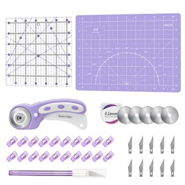 Headley Tools 39 Pcs Rotary Cutter Set - Quilting Kit incl. 45mm Fabric Cutter with 5 Extra Blades, A4 Cutting Mat, 2 Craft Knife Set, Sewing Clips, Ideal for Crafting, Sewing, Patchworking Purple