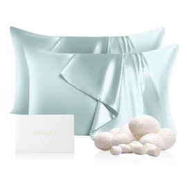 THXSILK Set of 2 100% Mulberry Silk Pillowcase for Hair and Skin, Grade 6A+ Mulberry Silk Pillow Cases 22 Momme, Hypoallergenic Pillow Case Cover with Zipper (Queen 20"x30", Light Blue)