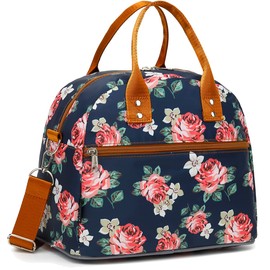 FlowFly Insulated Lunch Bag With Shoulder Strap for Women, Men, and Kids, Large and Reusable, Handle, Freezable Work and School Travel Tote and Meal Prep Organizer,Peony