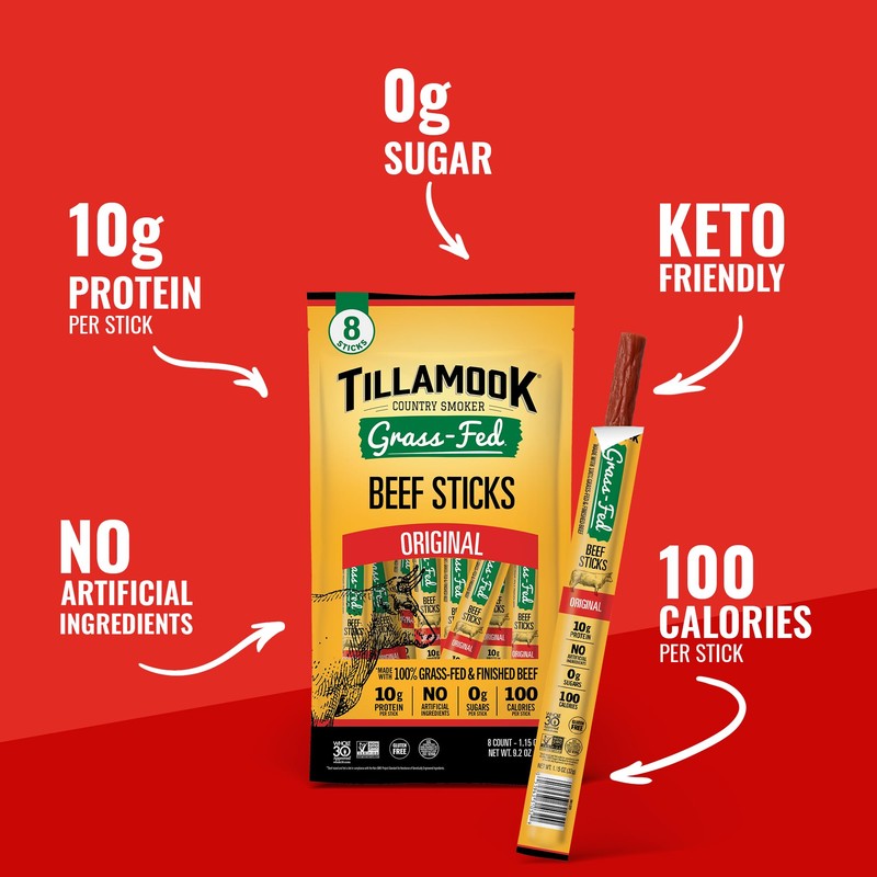 Tillamook Country Smoker 100% Grass Fed Beef Sticks, Zero Sugar,