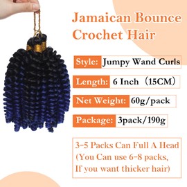 S-noilite Jamaican Bounce Crochet Hair 6 inch,Jumpy Wand Curls Short Pre Looped Curly Crochet Braids Hair-Extension Synthetic for Black Women,3 pack 180g,Black to Dark Blue
