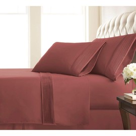 4 Piece Modern & Contemporary Classic 21-Inch Extra Deep Pocket Pleated Sheet Set Fully Elasticized Fitted Sheet 110 Gsm Microfiber Fabric Farmhouse Bedding All Season Marsala Red Bed Sheets Queen