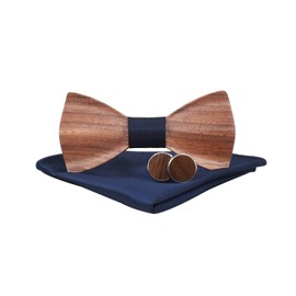 Mr.Van Wooden Bow Tie Men's Classic Wooden Bow Tie Set Handmade Natural Wooden Tie Bow Tie for Weddings, Performances, Prom (with Cufflinks, Handkerchief and Bow Tie), blue