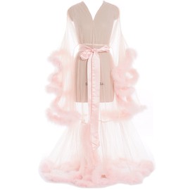 Kumeng Sexy Feather Bridal Robe Tulle Illusion Long Wedding Scarf New Custom Made (Blush Pink, Medium)