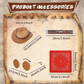 Antsparty Western Cowgirl Costume, Women 70s Fancy Dress Set with Fringe Vest Cowgirl Hat Sunglasses Red Bandana, Retro 70s Hippie Costume for Hippie Disco Party