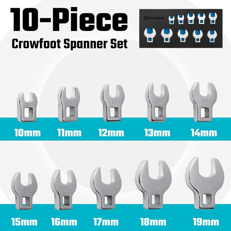 DURATECH 10 Piece 3/8" Drive Crowfoot Spanner Set, Open End
