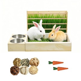3-in-1 Wooden Bunny Hay Feeder with Litter Box, Hay Holder for Rabbits, Guinea Pigs, Chinchillas (Natural)