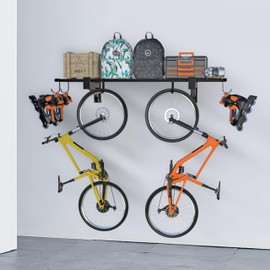 TRUSOON 1 Pack Heavy Duty Garage Wall Shelving, 1' x 4' Garage Shelving Wall Mounted (Load Capacity: 200 lbs), with 6 Hooks, Black