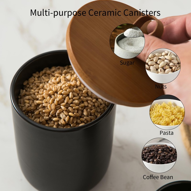 Black Ceramic Canister Set, 3pcs Ceramic Kitchen Canisters for Countertop