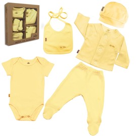Neek Cotton | Set Para Salir del Hospital x5 Piezas |Bebé Recién Nacido 100% Algodón | Accesorios para Bebe-ideal Regalo Baby Shower | Caja de Regalo Bebé. (Amarillo, 0m)