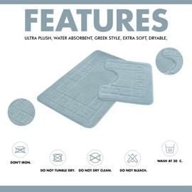 Lions Bath Mat Sets 2 Piece - Jacquard Greek Key Pattern Bathroom Toilet Rugs, Microfiber Bath Mats Pedestal Set, Super Soft Extra Absorbent Bathmat, Aqua