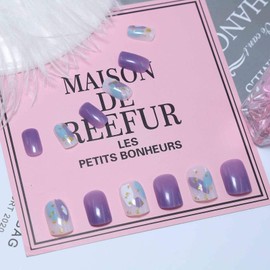 Allereya Coffin Press on Nails Medium Glossy Camo Glitter Fake Nails Tips Prom Party Clip On Nails Ballerina Purple Ombre Nails Acrylic Nails Accessories for Women and Girls Pack of 24