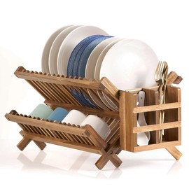 NOVAYEAH Acacia Wooden Dish Drying Rack for Kitchen Counter 2-Tier Collapsible Bmaboo Dish Drying Rack with Utensil Holder Dish Drainer Large Folding Wood Dish Drying Rack with Flatware Holder