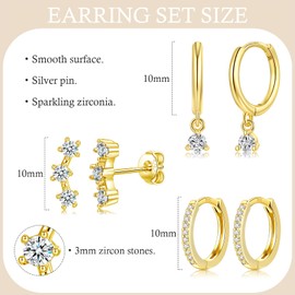 3Pairs Sterling Silver Stud Hoop Earrings Set for Women Girls, Hypoallergenic 14k Gold Stud Hoop Earrings Stacks, Small Helix Cartilage Sleeper Cubic Zirconia Stud Hoop Earrings for Multiple Piercings