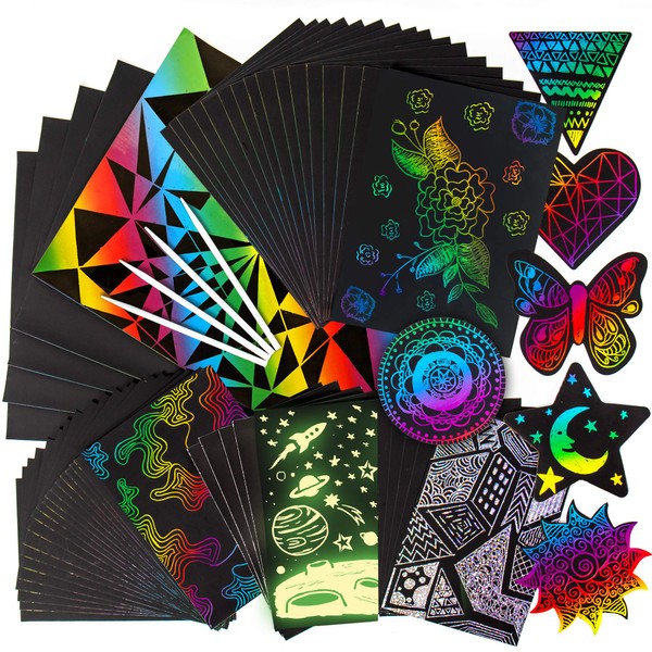 Horizon Group USA Scratch Art 60 Pieces Variety Pack. Glow in The Dark, Holographic, Rainbow & Die Cut Sheets. 4 Scratching Tools Included.Black Scratch it Off Art & Crafts Sheets