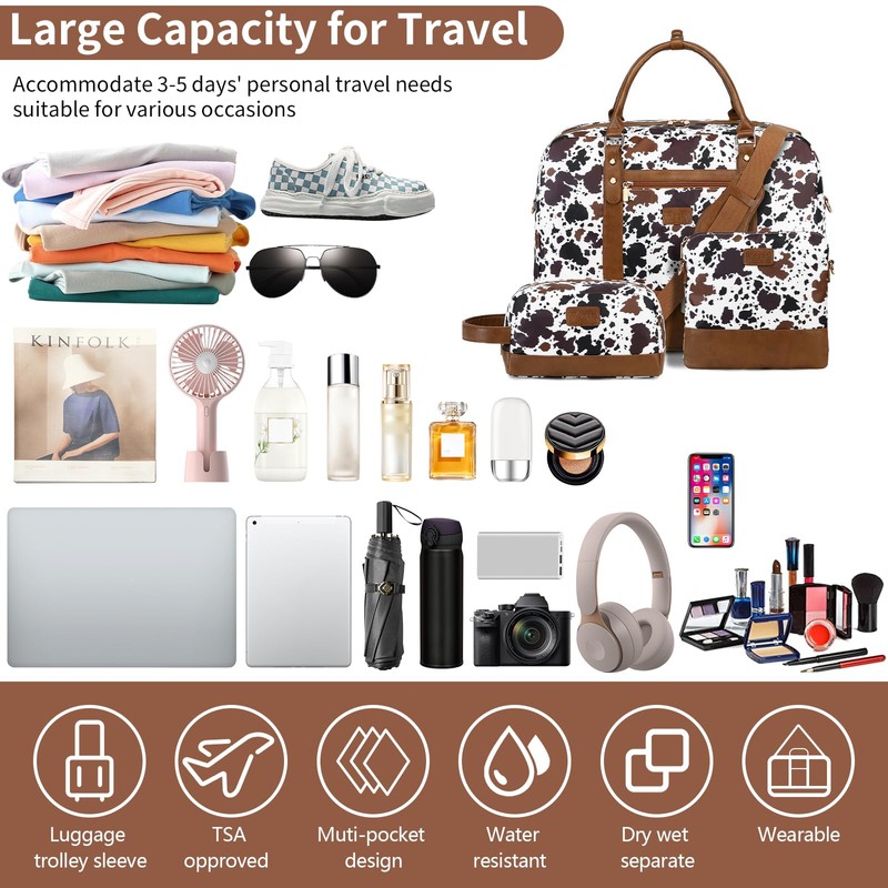3PCS Weekender Bags for Women Large Overnight Bag, Brown Cow