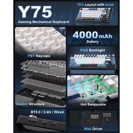 MIKIBY Y75 Wireless Mechanical Keyboard,75% Hot Swappable Custom Keyboard with Knob,RGB Backlit, PBT Keycaps,2.4GHz/USB-C/BT5.0 Mechanical Gaming Keyboards(Black&Blue,Milk Switch)