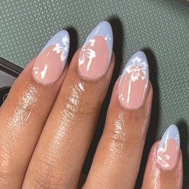 Blue French tips Press on Nails Medium Almond Fake Nails with Design White Flower Glue on Nail Glossy Fall Nails Reusable Summer False Nail for Women Girls Manicure 24pcs