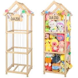53" Large Stuffed Animal Storage Roof Style Plushies Zoo Wooden Plush Toys Organizer Plushies Storage Holder with Anti Tip Furniture Anchors Stuffed Animal Organizer Tower with Light Strips