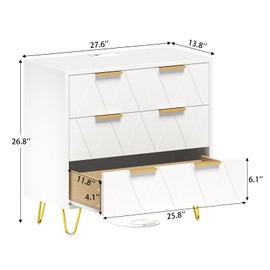 TVU 3 Drawer Wide Nightstand with Charging Station, 27.6 Inch Wood Nightstand for Bedroom, Living Room, White Dresser with Storage Drawers, Bedside Table with Metal Handle & Leg