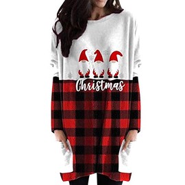 GRASWE Ladies Christmas Pockets Round Neck Long Sleeve Plus Size T-Shirts Santa Print Cute Top Blouse with Pockets Plus Size Red Hat M