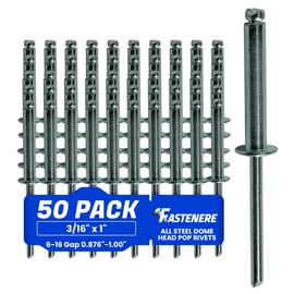 Fastenere Pop Rivets - 3/16" x 1" (50 pcs) Heavy Duty, Open-End, Low Carbon Steel, Dome-Head Blind Rivets, Corrosion-Resistant & High Shear Strength, 6-16 Gap 0.876"-1.00"