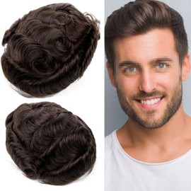 Blayzehair Men Toupee Hair System Ultra Thin Skin Hair Piece European Human Hair Replacement 0.02-0.10MM V-LOOP Toupee For Men. (1B40# Off Black with 40% Synthetic Grey, 8x10-0.06MM-0.08MM V-LOOP)