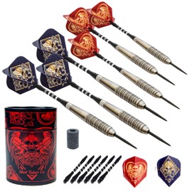 SHOT TAKER CO. EST. 2017 Professional Stainless Steel Tip Darts Set | 6 Stainless Steel Barrels | 6 Aluminum Shafts 48mm | 8 Flights Standard | 1 Darts Sharpener | 1 Stylish Case (21g Red Skull)