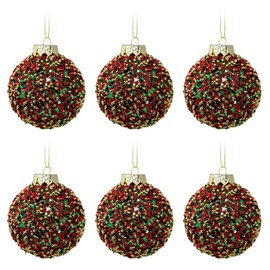 Sequins Beads Christmas Baubles Tree Ornaments - Red Gold Green - Set of 6