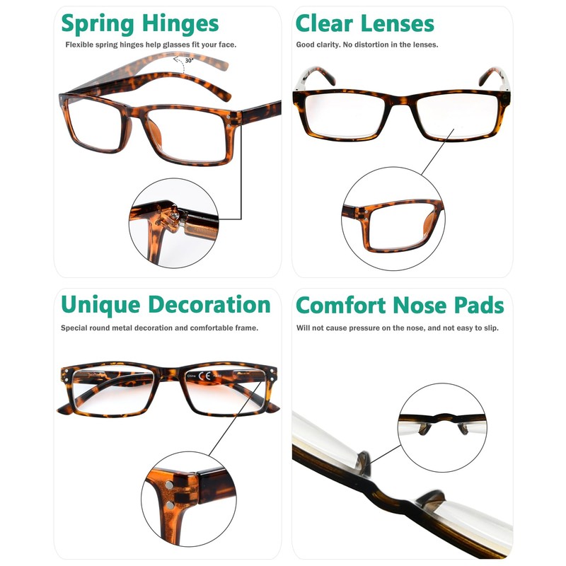 Eyekepper Spring Hinge 5-pack Retro Style Reading Glasses Tortoise