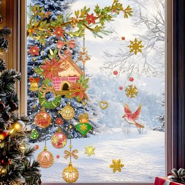 Christmas Window Clings Pastel Floral Branch Birdhouse Baubles Gold Snowflakes Static Stickers for Home Store Kids Rooms Hotel Holiday Decorations (35.43inch * 11.81inch)