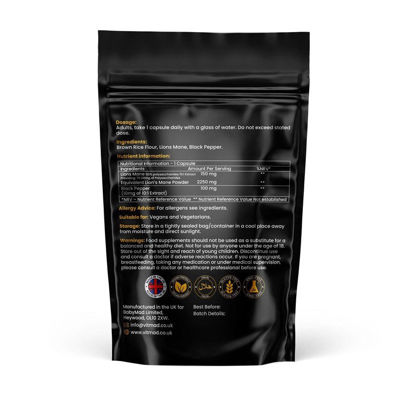 Lions Mane Supplement 2250mg per Capsule - 1 a Day