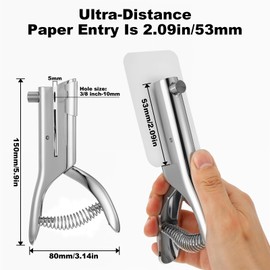 Hole Punch 2" Reach 3/8 inch Single Hole Punch,Heavy Duty Holes Puncher Single,Paper Punches Portable Hand Held Long Holes Puncher for Paper Cards Plastic Cardboard (Silver) (3/8"-10mm Hole)