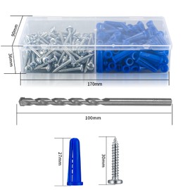 200pcs Conical Concrete Wall Anchors and Screws for Drywall, Blue Conical Anchors and Self-tapping Screws, Includes 100pcs Drywall Anchors, 100pcs Pan Head Screws, 1 x Drill Bit
