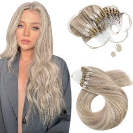 Moresoo Micro Bead Hair Extensions Real Human Hair Blonde Micro Loop Hair Extensions 14 Inch Ash Blonde with Platinum Blonde Micro Ring Hair Extensions 1g/s 50g/Pack #18/613