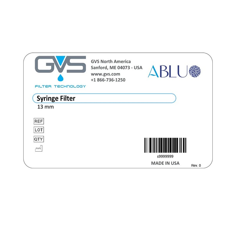 GVS Filter Technology, Syringe Filter, ABLUO, 13mm, PTFE Membrane, 0.22µm,