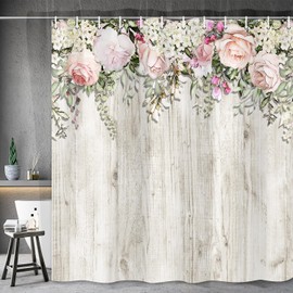 Dtekoj Pink Flower Shower Curtain, Rose Rustic Wooden Grain Bathroom Curtain Set, Vintage Spring Country Cottage Garden Fabric Bathroom Decor Accessories Bath Curtain with Hooks, 70X70IN